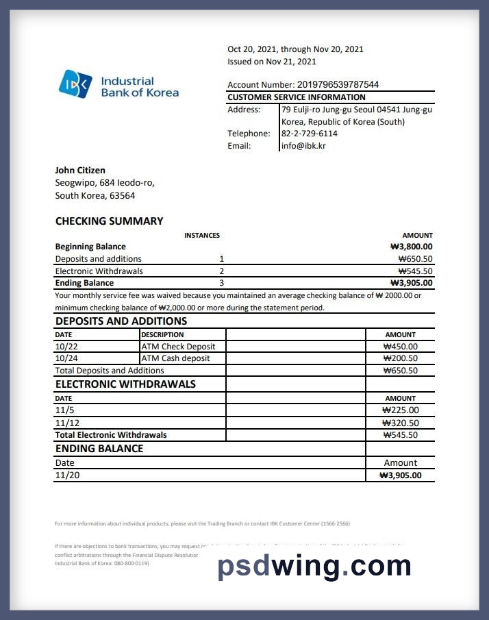 South Korea Industrial Bank Statement (Excel)